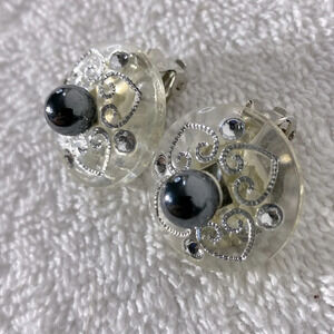 Vintage Clear  Plastic Grey Faux Pearl Round Clip On Earrings